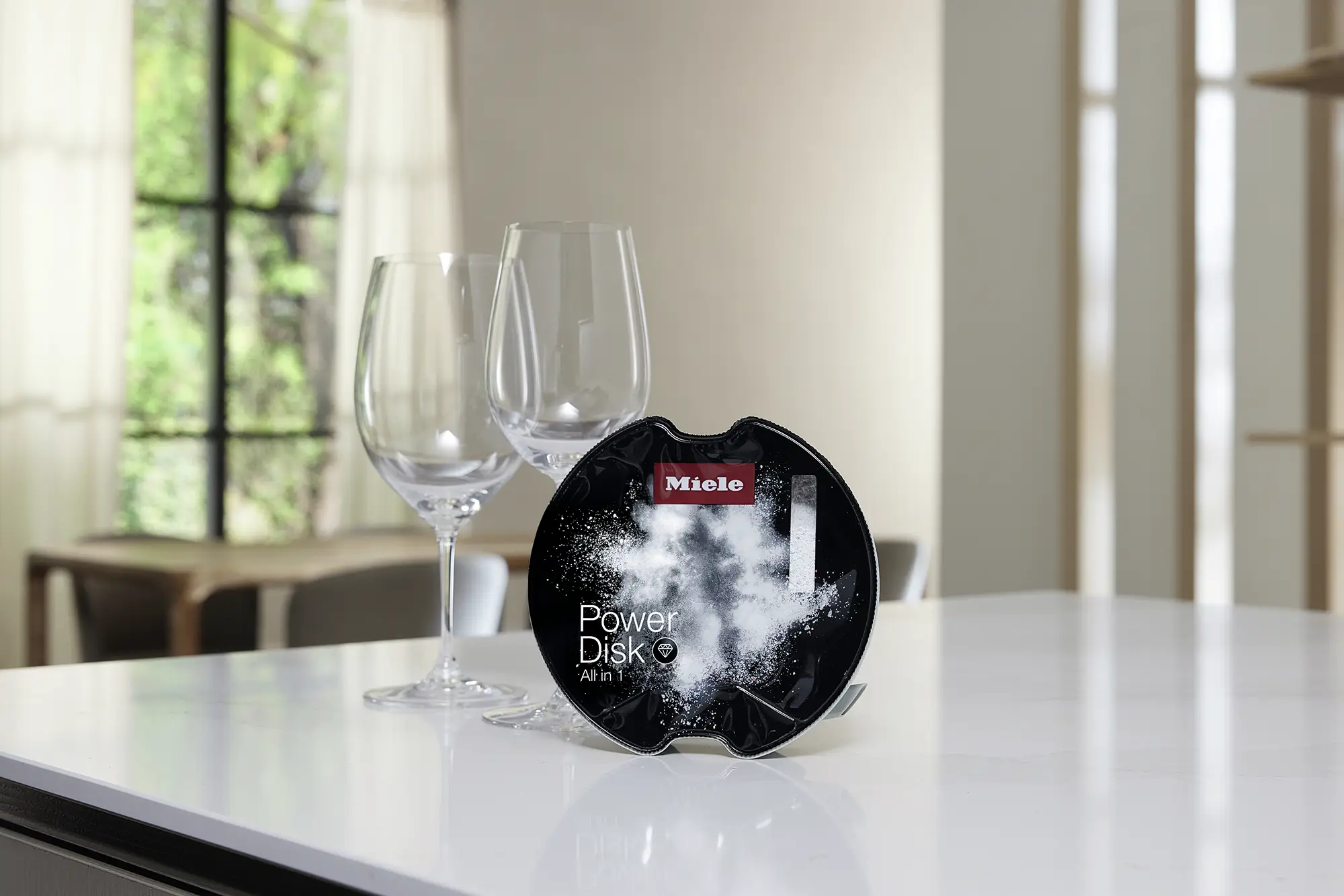 PowerDisk and wine glasses displayed on a counter